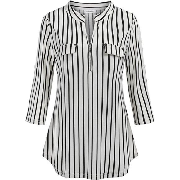 Women's 3/4 Sleeve Plaid Shirts Zip Floral Casual Tunic Blouse Tops - Picture 2 of 5